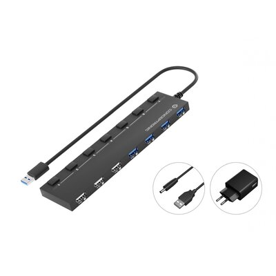 Conceptronic HUBBIES09BP 7 port USB 3.2 hub Fekete