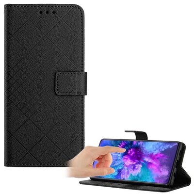 Tok álló, bőr hatású (FLIP, oldalra nyíló, asztali tartó, négyzet, prémium) FEKETE [Samsung Galaxy Xcover 7 5G (SM-G556)]