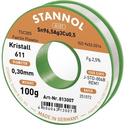 Stannol Kristall 611 Fairtin Forrasztóón, ólommentes Ólommentes Sn96,5Ag3Cu0,5 REM1 100 g 0.3 mm