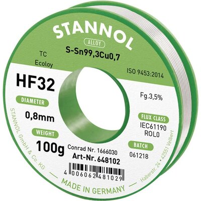 Stannol HF32 3,5% 0,8MM SN99,3CU0,7 CD 100G Forrasztóón, ólommentes Ólommentes, Tekercs Sn99,3Cu0,7 ROL0 100 g 0.8 mm