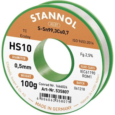 Stannol HS10 2,5% 0,5MM SN99,3CU0,7 CD 100G Forrasztóón, ólommentes Ólommentes, Tekercs Sn99,3Cu0,7 ROM1 100 g 0.5 mm