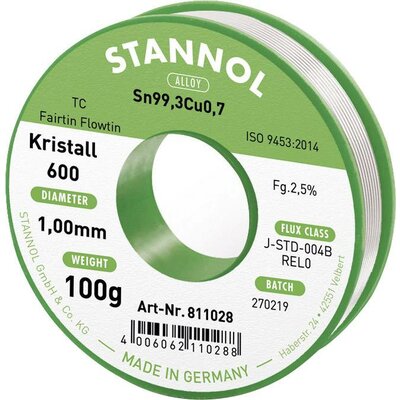 Stannol Kristall 600 Fairtin Forrasztóón, ólommentes Ólommentes Sn99,3Cu0,7 REL0 100 g 1 mm