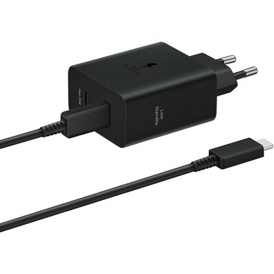 Hálózati töltő adapter, 50W, 2 x USB Type-C aljzat, USB Type-C - USB Type-C kábellel, PD, PDO, PPS, gyorstöltés, Samsung, fekete, gyári