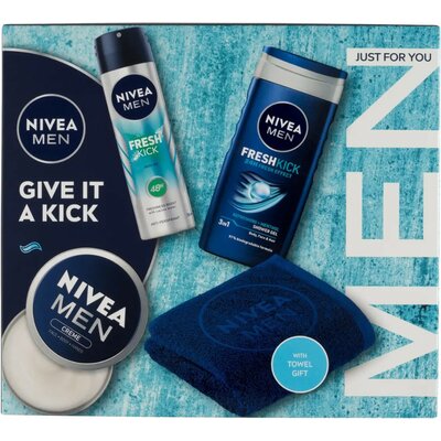 Nivea Give it a Kick Ajándékcsomag törülközővel - Tusfürdő + Dezodor + Hidratáló krém