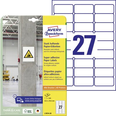 Avery-Zweckform L7874-20 Erős ragasztó címkék 63.5 x 29.6 mm Papír Fehér 540 db Véglegesen tapadó, Erősen tapadó Tintasugaras nyomtató, Lézernyomtató, Színes