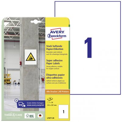 Avery-Zweckform L7877-20 Erős ragasztó címkék 210 x 297 mm Papír Fehér 20 db Véglegesen tapadó, Erősen tapadó Tintasugaras nyomtató, Lézernyomtató, Színes