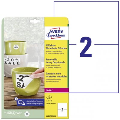 Avery-Zweckform L4717REV-20 Fólia címkék 210 x 148 mm Poliészter fólia Fehér 40 db Leoldható Színes lézernyomtatás, Lézernyomtató, Színes fénymásolás, Másoló,