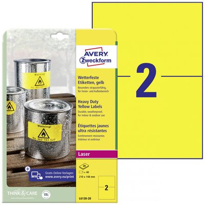 Avery-Zweckform L6130-20 Fólia címkék 210 x 148 mm Poliészter fólia Sárga 40 db Véglegesen tapadó Színes lézernyomtatás, Lézernyomtató, Színes fénymásolás,