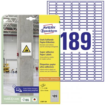 Avery-Zweckform L7871-20 Erős ragasztó címkék 25.4 x 10 mm Papír Fehér 3780 db Véglegesen tapadó, Erősen tapadó Tintasugaras nyomtató, Lézernyomtató, Színes