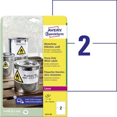 Avery-Zweckform L4717-20 Fólia címkék 210 x 148 mm Poliészter fólia Fehér 40 db Véglegesen tapadó Színes lézernyomtatás, Lézernyomtató, Színes fénymásolás,