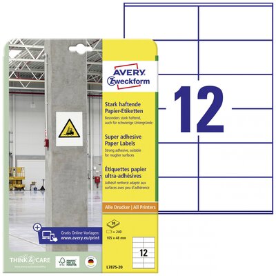 Avery-Zweckform L7875-20 Erős ragasztó címkék 105 x 48 mm Papír Fehér 240 db Véglegesen tapadó, Erősen tapadó Tintasugaras nyomtató, Lézernyomtató, Színes