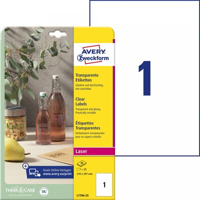 Avery-Zweckform L7784-25 Fólia címkék 210 x 297 mm Poliészter fólia Átlátszó 25 db Véglegesen tapadó Színes lézernyomtatás, Lézernyomtató, Színes fénymásolás,