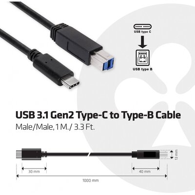 club3D USB kábel USB 3.2 Gen1 (USB 3.0 / USB 3.1 Gen1) USB-C® dugó, USB-B dugó 1.00 m CAC-1524