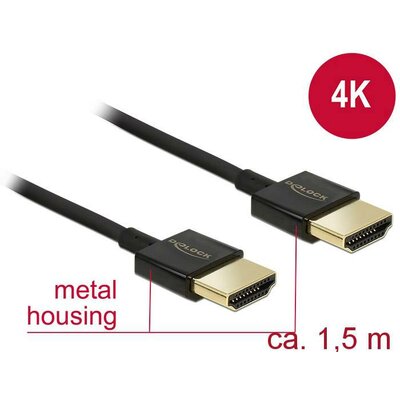 Delock HDMI Csatlakozókábel HDMI-A dugó, HDMI-A dugó 1.50 m Fekete 84772 4K UHD, aranyozott érintkező HDMI kábel