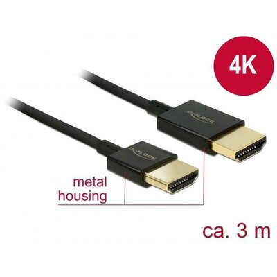 Delock HDMI Csatlakozókábel HDMI-A dugó, HDMI-A dugó 3.00 m Fekete 84774 4K UHD, aranyozott érintkező HDMI kábel