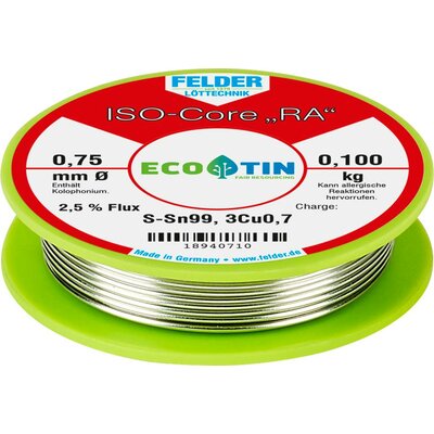 Felder ISO-Core RA Sn99Cu1 Forrasztóón, ólommentes Tekercs Sn99,3Cu0,7 0.100 kg 0.75 mm