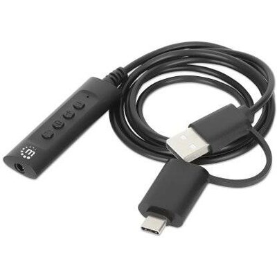 Manhattan USB kábel 3,5 mm-es jack alj, USB-A dugó, USB-C® dugó 1 m Fekete Hangerőszabályozó 153560