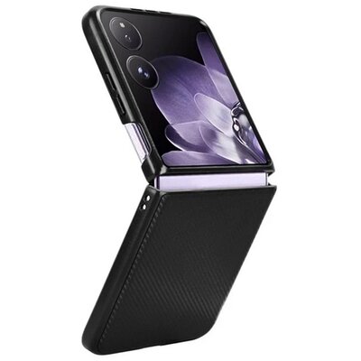 Műanyag telefonvédő (ütésállóság, bőr hatású hátlap, karbon minta) FEKETE [Xiaomi Mix Flip]