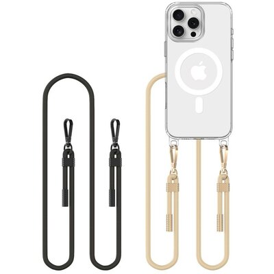 Apple iPhone 16 Pro, Szilikon védőkeret + műanyag hátlap, nyakbaakasztó, Magsafe töltővel kompatibilis, FlexAir Chain Magsafe, átlátszó (fekete, beige)