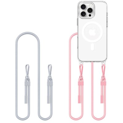 Apple iPhone 16 Pro Max, Szilikon védőkeret + műanyag hátlap, nyakbaakasztó, Magsafe töltővel kompatibilis, FlexAir Chain Magsafe, átlátszó (szürke, rózsaszín)