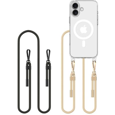 Apple iPhone 16, Szilikon védőkeret + műanyag hátlap, nyakbaakasztó, Magsafe töltővel kompatibilis, FlexAir Chain Magsafe, átlátszó (fekete, beige)