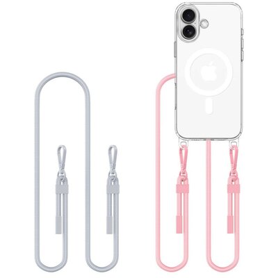 Apple iPhone 16, Szilikon védőkeret + műanyag hátlap, nyakbaakasztó, Magsafe töltővel kompatibilis, FlexAir Chain Magsafe, átlátszó (szürke, rózsaszín)