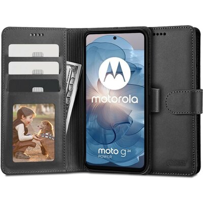 Motorola Moto G04 / G04s / G24 / G24 Power / E14, Oldalra nyíló tok, stand, mágnes csattal, TP Wallett, fekete