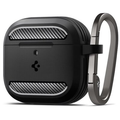 SPIGEN ACS08642 SPIGEN RUGGED ARMOR szilikon tok (ütésállóság, karabíner, karbon minta) FEKETE Apple AirPods 4