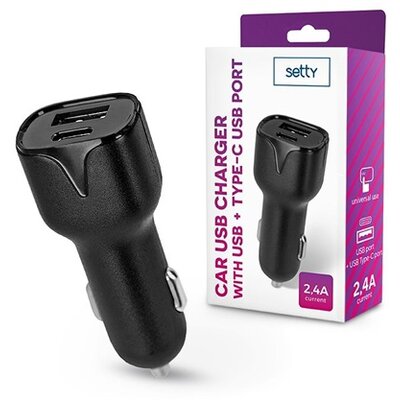 Setty TF-0026 2,4A univerzális USB + Type-C fekete autós töltő